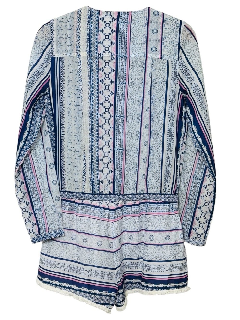 Twelfth Street Cynthia Vincent Cotton Silk Romper M Boho Blue Pink Tassel Fringe - Picture 4 of 16